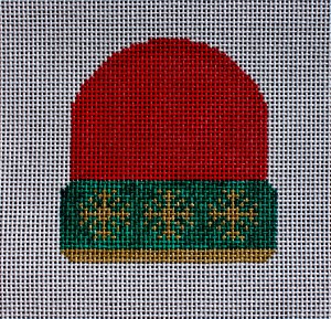 red stocking cap with gold snowflakes